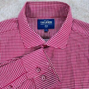T.M.Lewin Dress Shirt Gingham Long Sleeve Red White Plaid Checkered Mens Size S